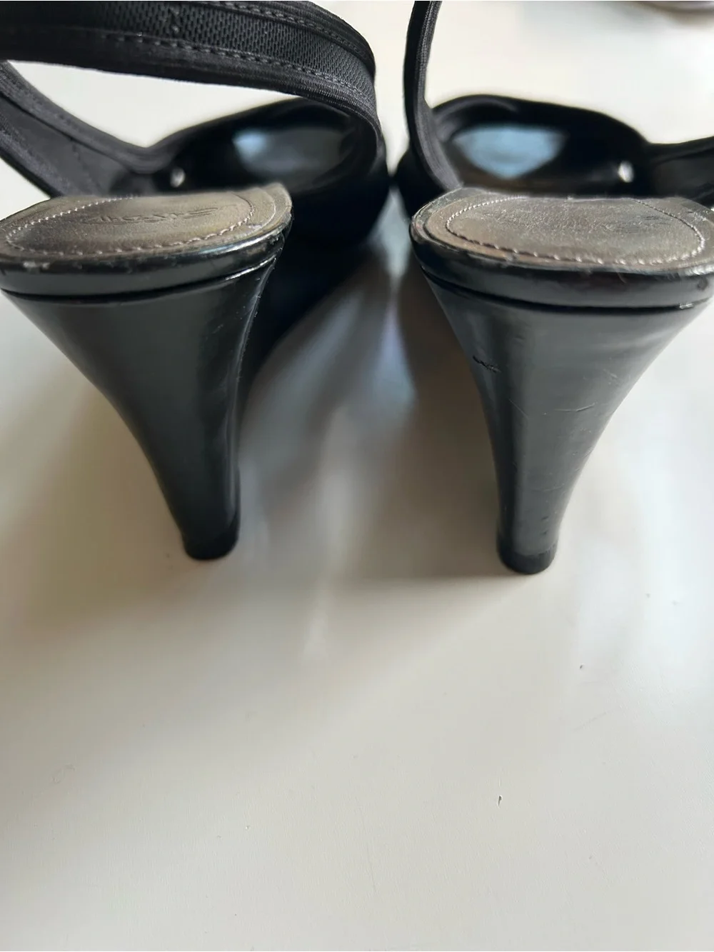 Joan & David Black Wedge HeelPeep-Toe Slingbacks; Microfibre Breathable Straps